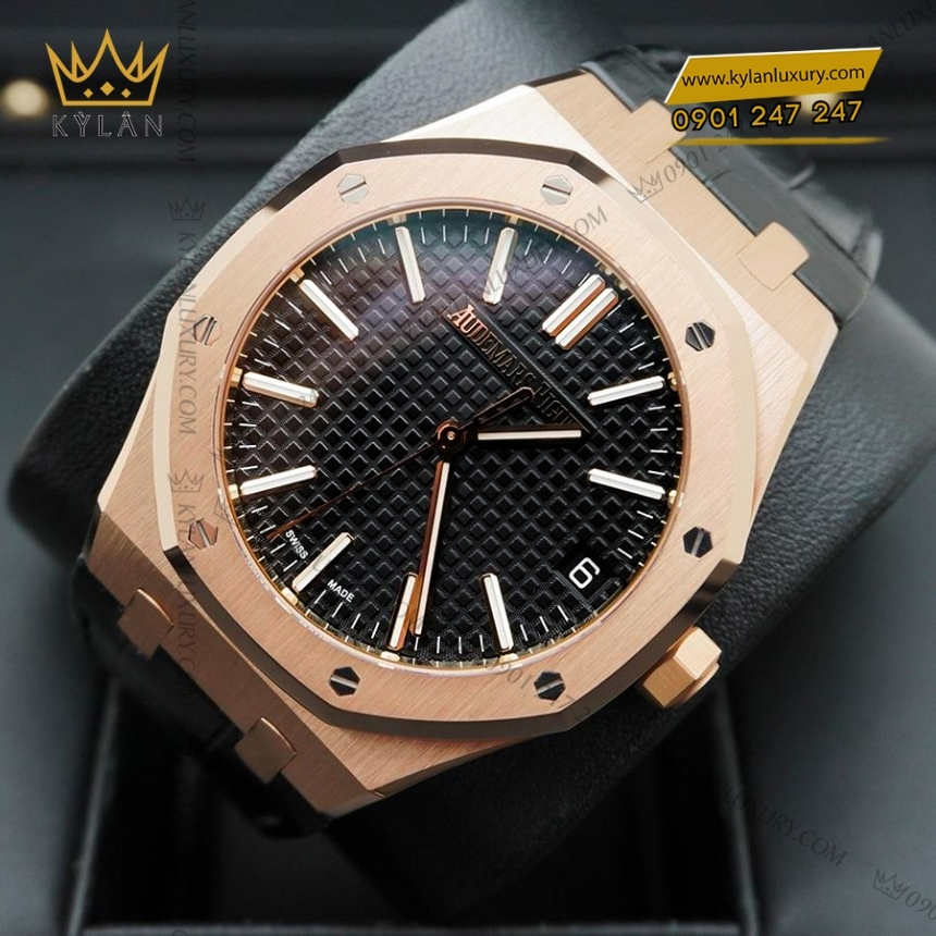 Kỳ Lân Luxury royal oak selfwinding mat so den 15510or 6 1 Đồng hồ Royal Oak Selfwinding mặt số đen dây da 15510OR