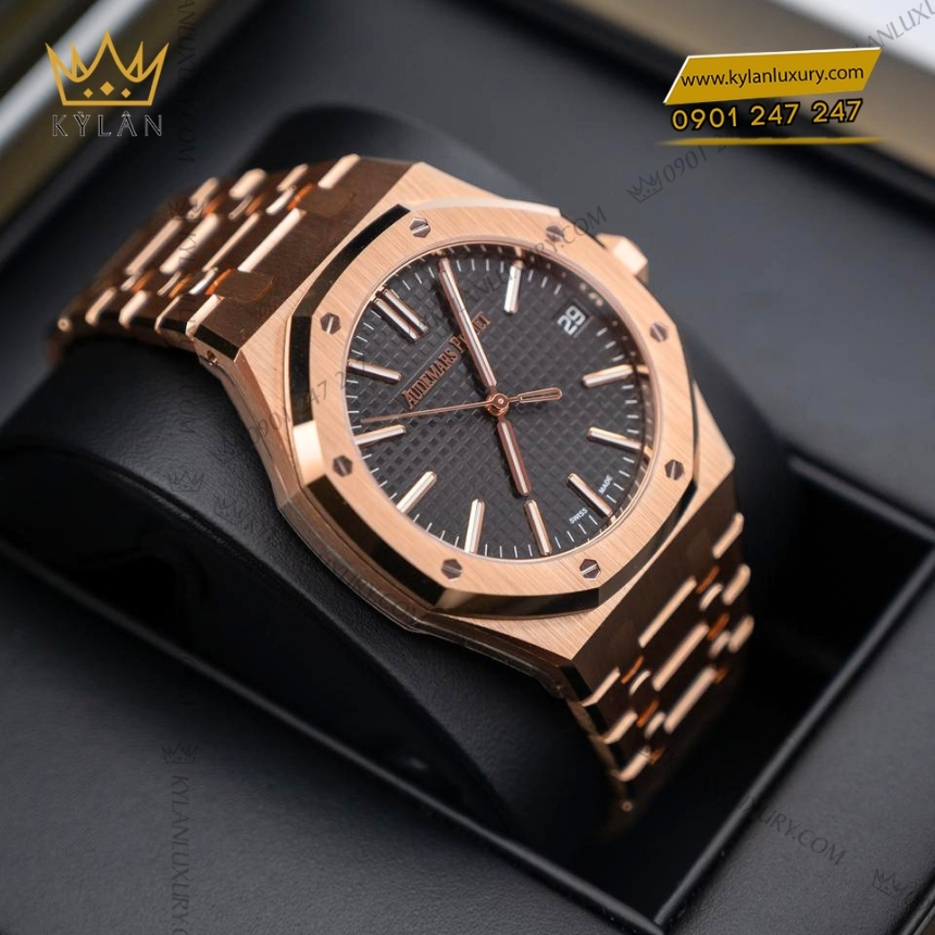 Kỳ Lân Luxury royal oak selfwinding mat so den 15510or 6 Đồng hồ Royal Oak Selfwinding vàng hồng mặt số đen 15510OR