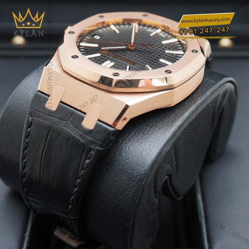 Kỳ Lân Luxury royal oak selfwinding mat so den 15510or 8 1 Đồng hồ Royal Oak Selfwinding mặt số đen dây da 15510OR
