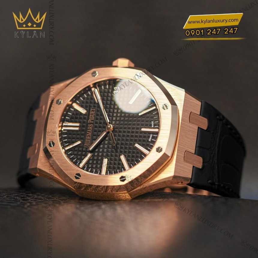 Kỳ Lân Luxury royal oak selfwinding mat so den 15510or 9 1 Đồng hồ Royal Oak Selfwinding mặt số đen dây da 15510OR