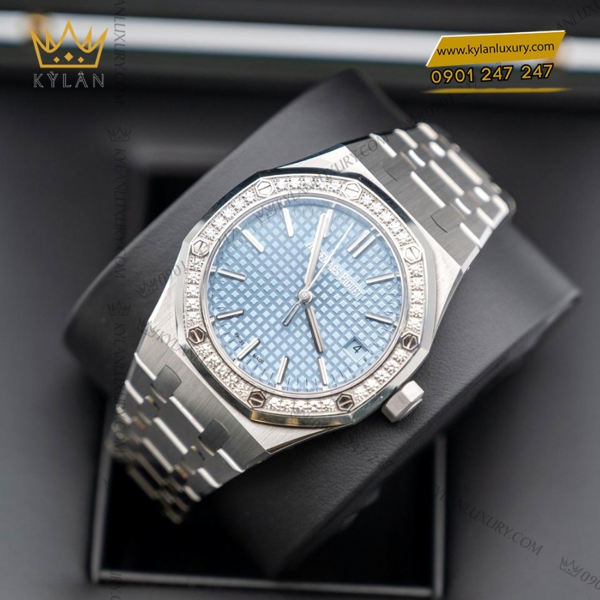 Kỳ Lân Luxury royal oak xanh duong vanh kim 15551st 4 Đồng hồ Royal Oak mặt xanh dương vành kim 37mm 15551ST