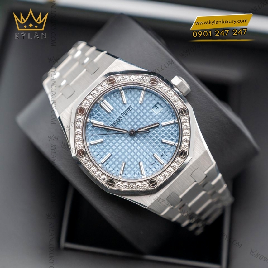 Kỳ Lân Luxury royal oak xanh duong vanh kim 15551st 6 Đồng hồ Royal Oak mặt xanh dương vành kim 37mm 15551ST