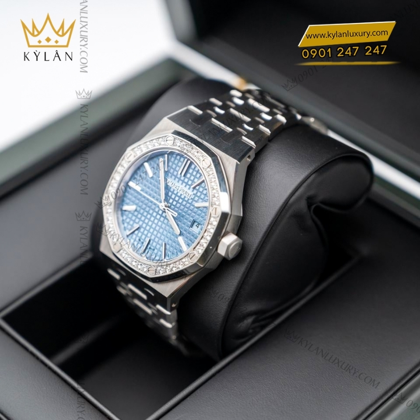 Kỳ Lân Luxury royal oak xanh duong vanh kim 15551st 9 Đồng hồ Royal Oak mặt xanh dương vành kim 37mm 15551ST