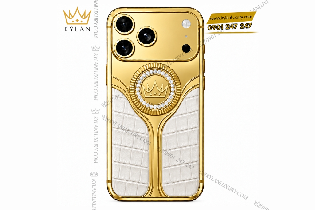 Kỳ Lân Luxury Dien thoai iPhone 17 Pro Max vang Au750 boc da ca sau dinh kim cuong 1 Điện thoại iPhone 17 Pro Max custom vàng Au750 bọc da cá sấu đính kim cương