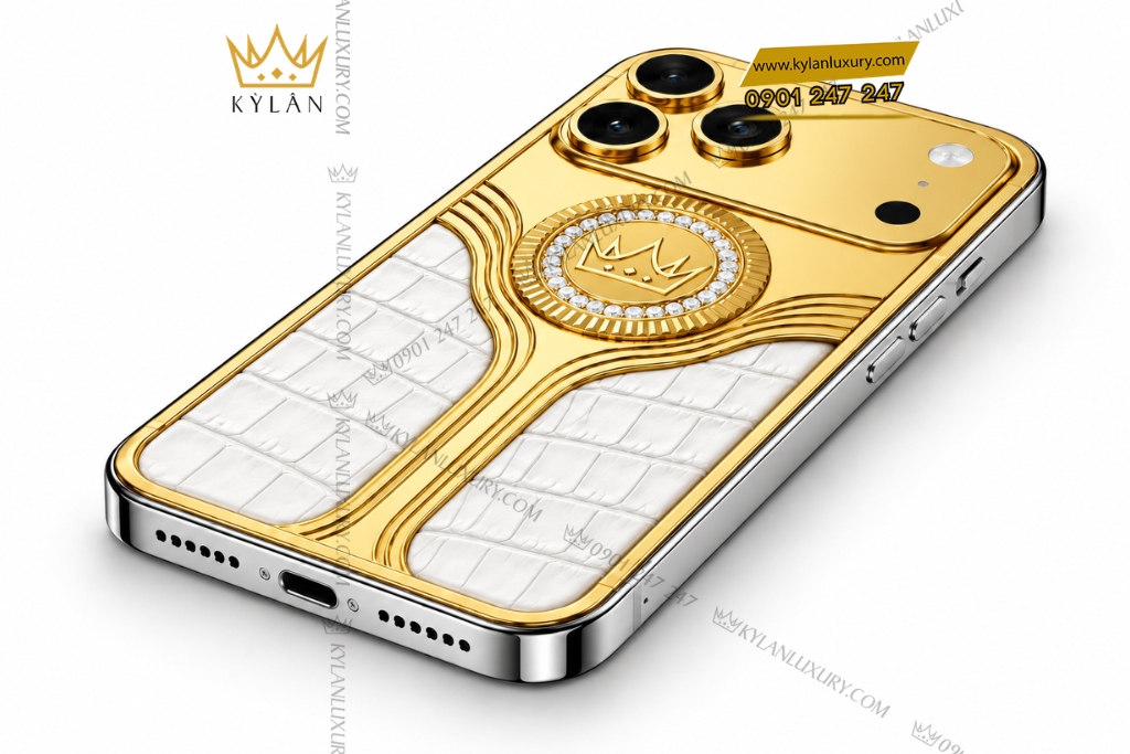 Điện thoại iPhone 17 Pro Max custom vàng Au750 bọc da cá sấu đính kim cương
