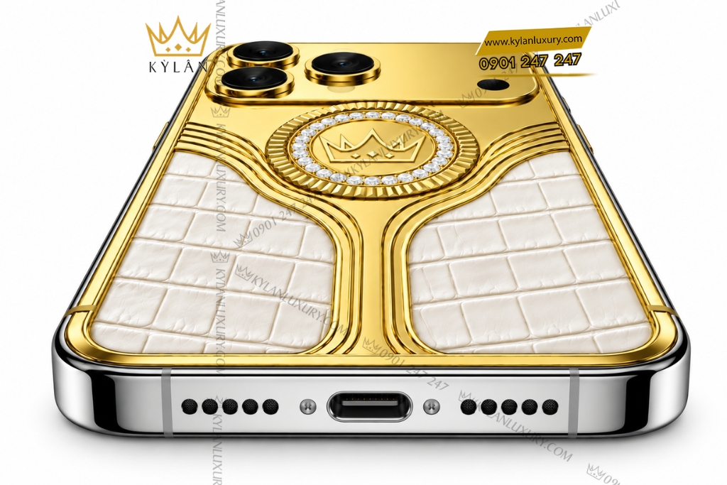 Điện thoại iPhone 17 Pro Max custom vàng Au750 bọc da cá sấu đính kim cương