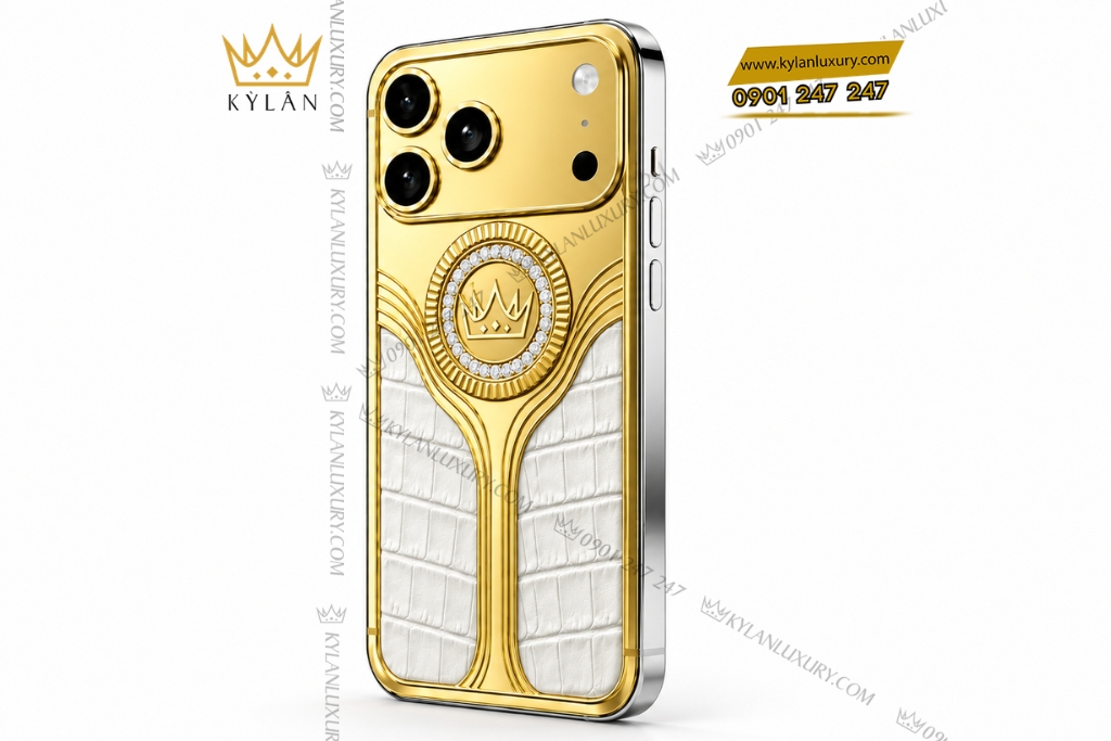 Điện thoại iPhone 17 Pro Max custom vàng Au750 bọc da cá sấu đính kim cương