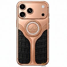 Điện thoại iPhone 17 Pro Max vàng hồng Au750 bọc da cá sấu đính kim cương