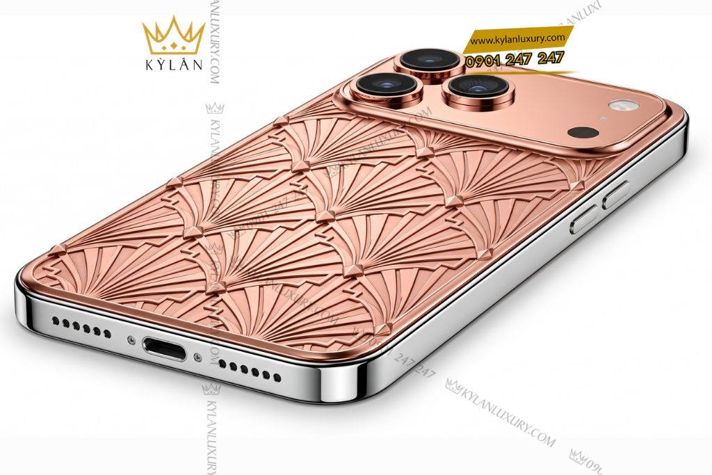 Kỳ Lân Luxury Dien thoai iPhone 17 Pro Max vang hong Au750 hoa tiet nan quat hinh hoc 4 Điện thoại iPhone 17 Pro Max vàng hồng Au750 họa tiết nan quạt hình học