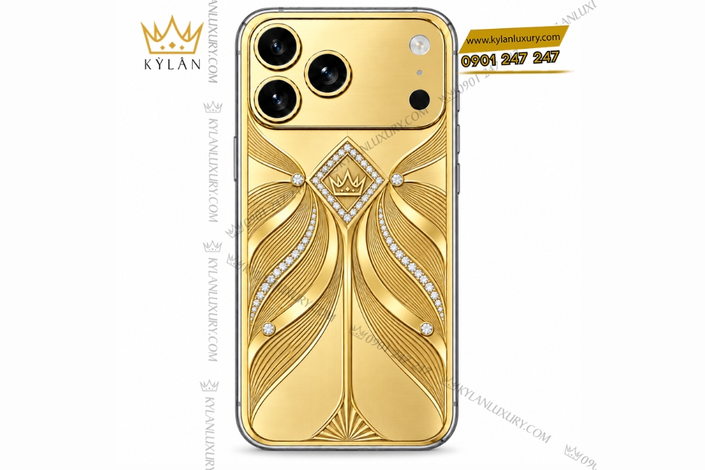 Kỳ Lân Luxury Dien thoai iPhone 18 Pro Max custom vang Au750 dinh kim cuong hoa tiet uon luon 1 Điện thoại iPhone 18 Pro Max custom vàng Au750 đính kim cương họa tiết uốn lượn