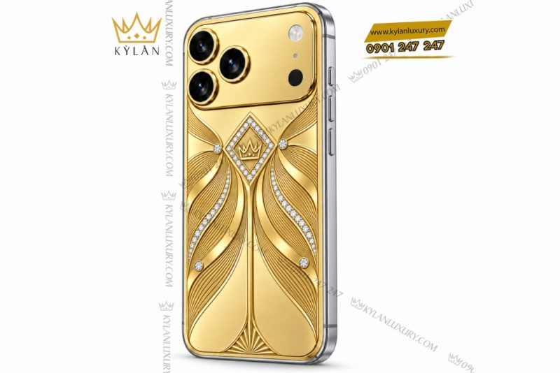 Điện thoại iPhone 18 Pro Max custom vàng Au750 đính kim cương họa tiết uốn lượn