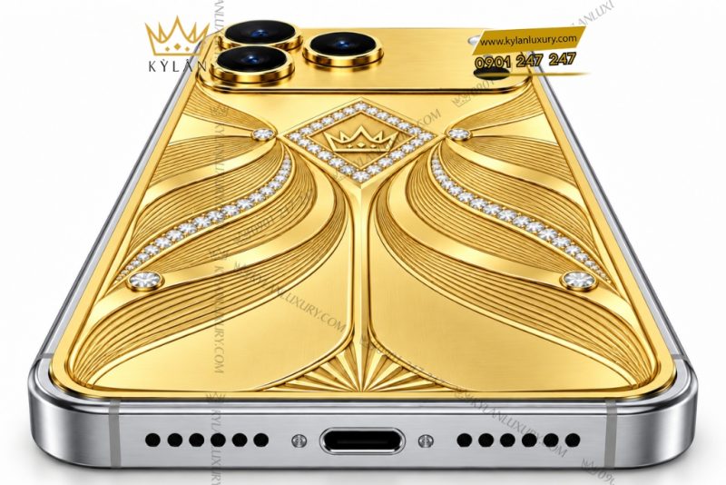Điện thoại iPhone 18 Pro Max custom vàng Au750 đính kim cương họa tiết uốn lượn