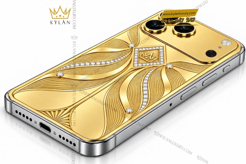 Điện thoại iPhone 18 Pro Max custom vàng Au750 đính kim cương họa tiết uốn lượn