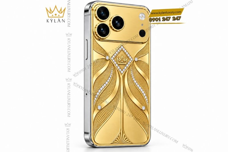 Điện thoại iPhone 18 Pro Max custom vàng Au750 đính kim cương họa tiết uốn lượn