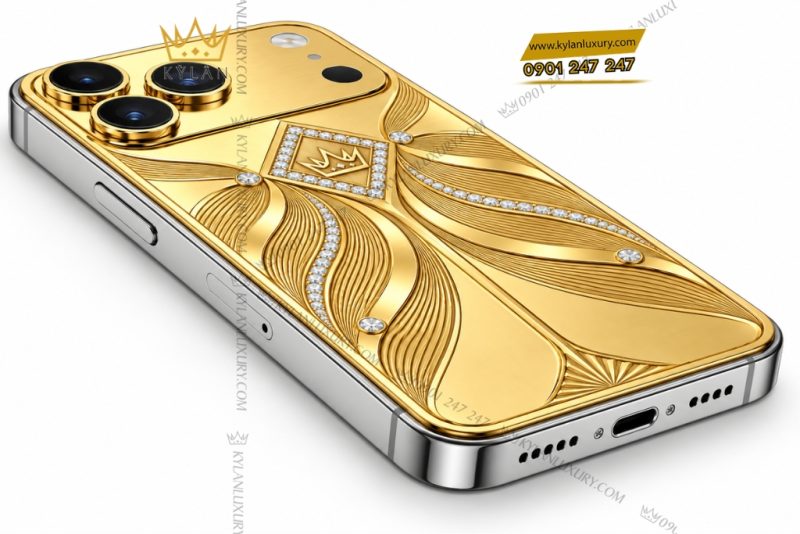 Điện thoại iPhone 18 Pro Max custom vàng Au750 đính kim cương họa tiết uốn lượn