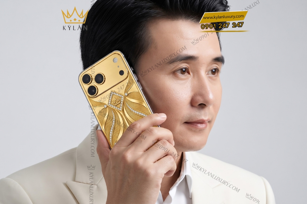 Điện thoại iPhone 18 Pro Max custom vàng Au750 đính kim cương họa tiết uốn lượn