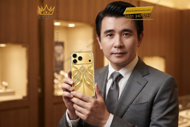 Điện thoại iPhone 18 Pro Max custom vàng Au750 đính kim cương họa tiết uốn lượn