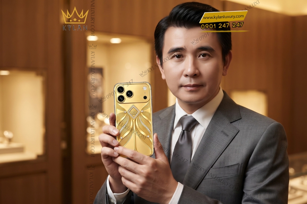 Điện thoại iPhone 18 Pro Max custom vàng Au750 đính kim cương họa tiết uốn lượn