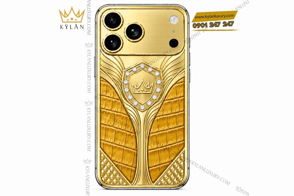Kỳ Lân Luxury Dien thoai iPhone 18 Pro Max custom vang Au750 dinh kim cuong va da ca sau 1 1 Điện thoại iPhone 18 Pro Max custom vàng Au750 đính kim cương và da cá sấu