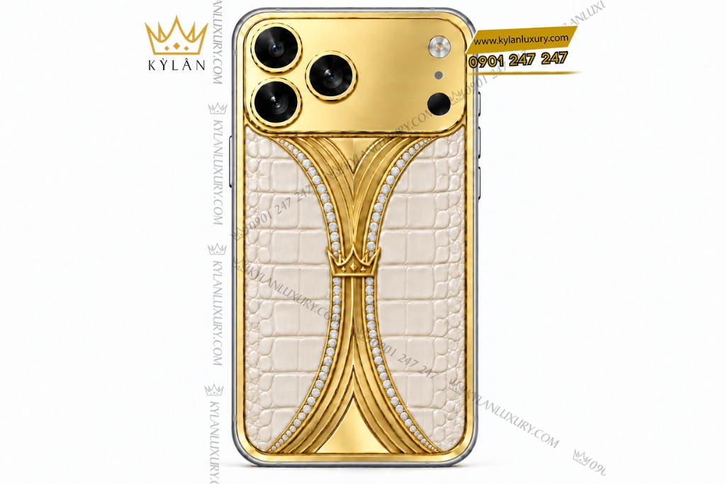Kỳ Lân Luxury Dien thoai iPhone 18 Pro Max custom vang Au750 dinh kim cuong va da ca sau 1 3 Điện thoại iPhone 18 Pro Max custom vàng Au750 đính kim cương và da cá sấu