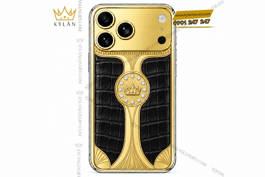 Kỳ Lân Luxury Dien thoai iPhone 18 Pro Max custom vang Au750 dinh kim cuong va da ca sau 1 Điện thoại iPhone 18 Pro Max custom vàng Au750 đính kim cương và da cá sấu