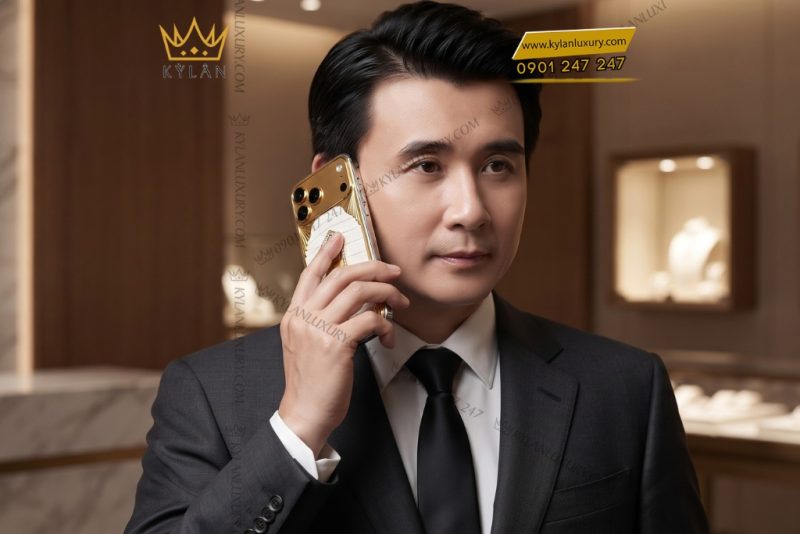 Điện thoại iPhone 18 Pro Max custom vàng Au750 đính kim cương và da cá sấu