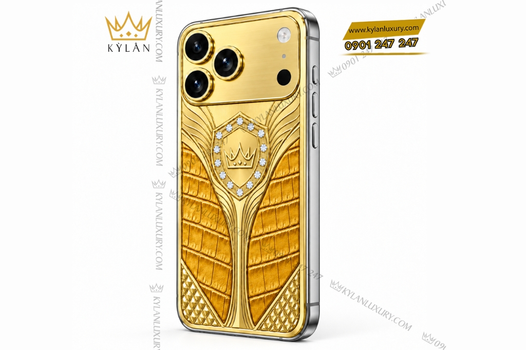 Điện thoại iPhone 18 Pro Max custom vàng Au750 đính kim cương và da cá sấu