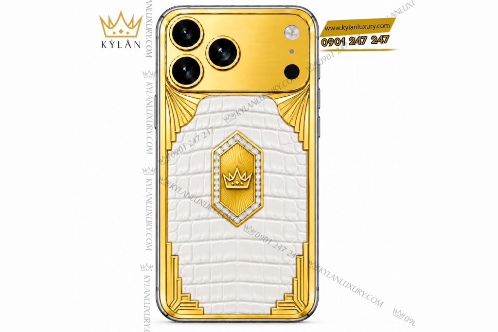 Kỳ Lân Luxury Dien thoai iPhone 18 Pro Max custom vang Au750 dinh kim cuong va da ca sau 2 2 Điện thoại iPhone 18 Pro Max custom vàng Au750 đính kim cương và da cá sấu