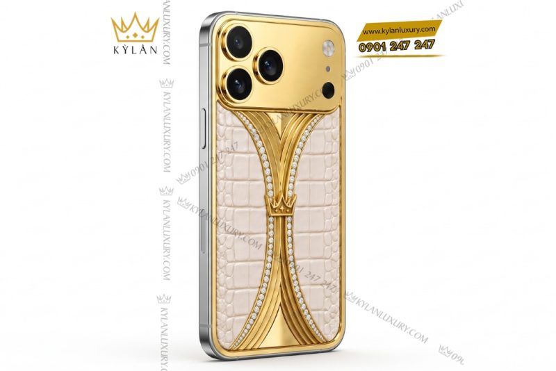 Điện thoại iPhone 18 Pro Max custom vàng Au750 đính kim cương và da cá sấu