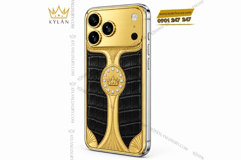 Điện thoại iPhone 18 Pro Max custom vàng Au750 đính kim cương và da cá sấu