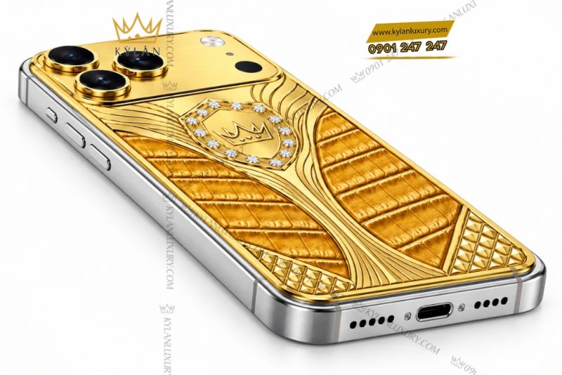 Điện thoại iPhone 18 Pro Max custom vàng Au750 đính kim cương và da cá sấu