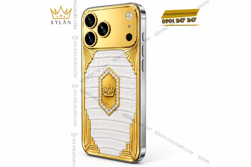 Điện thoại iPhone 18 Pro Max custom vàng Au750 đính kim cương và da cá sấu