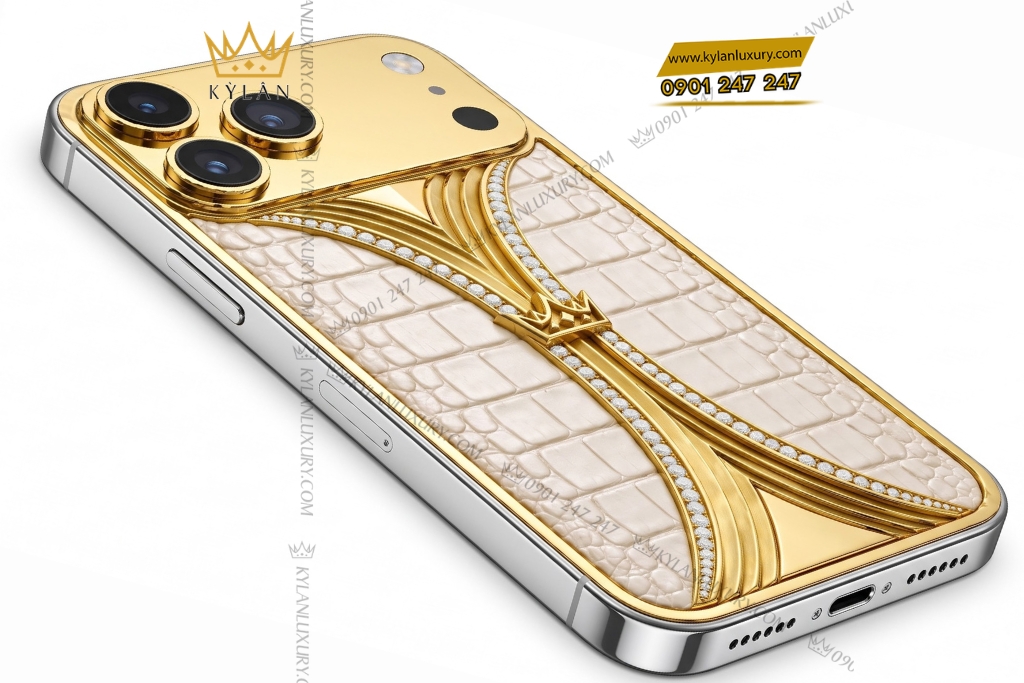 Điện thoại iPhone 18 Pro Max custom vàng Au750 đính kim cương và da cá sấu