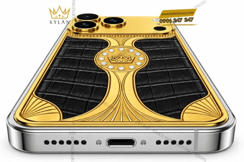 Điện thoại iPhone 18 Pro Max custom vàng Au750 đính kim cương và da cá sấu