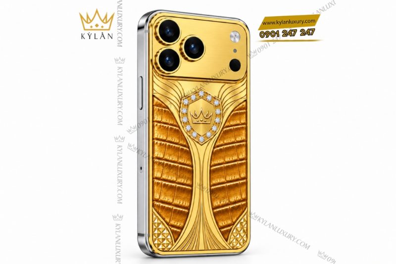 Điện thoại iPhone 18 Pro Max custom vàng Au750 đính kim cương và da cá sấu