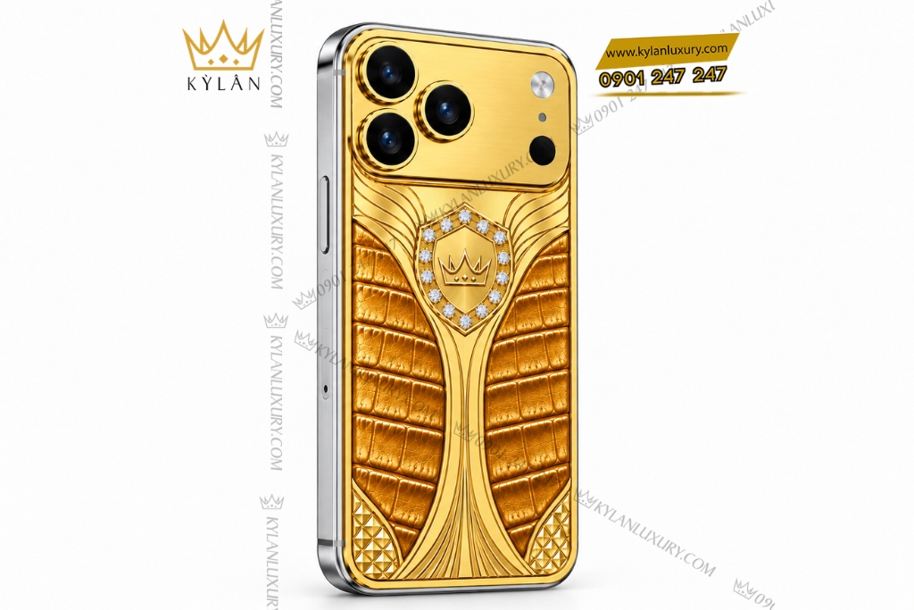 Điện thoại iPhone 18 Pro Max custom vàng Au750 đính kim cương và da cá sấu