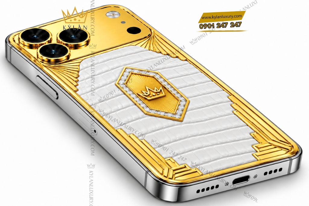 Điện thoại iPhone 18 Pro Max custom vàng Au750 đính kim cương và da cá sấu