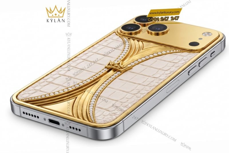 Điện thoại iPhone 18 Pro Max custom vàng Au750 đính kim cương và da cá sấu
