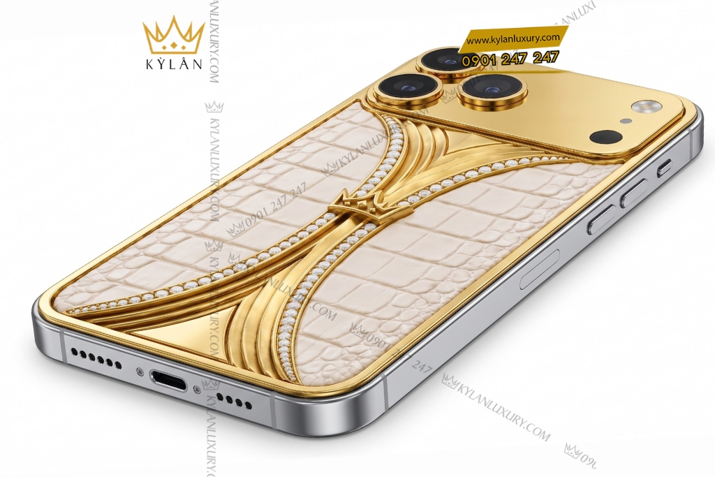 Điện thoại iPhone 18 Pro Max custom vàng Au750 đính kim cương và da cá sấu
