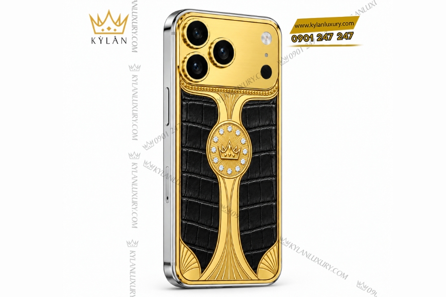 Kỳ Lân Luxury Dien thoai iPhone 18 Pro Max custom vang Au750 dinh kim cuong va da ca sau 4 Điện thoại iPhone 18 Pro Max custom vàng Au750 đính kim cương và da cá sấu