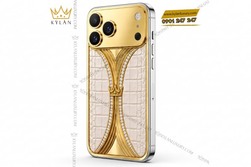Điện thoại iPhone 18 Pro Max custom vàng Au750 đính kim cương và da cá sấu