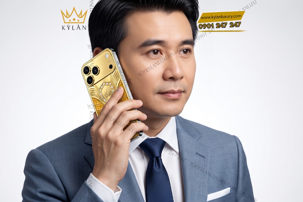 Kỳ Lân Luxury Dien thoai iPhone 18 Pro Max custom vang Au750 dinh kim cuong va da ca sau 6 1 Điện thoại iPhone 18 Pro Max custom vàng Au750 đính kim cương và da cá sấu