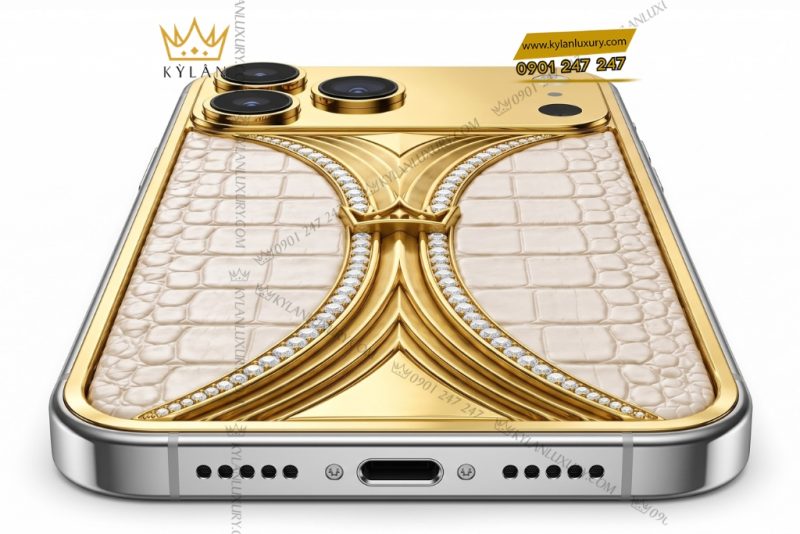 Điện thoại iPhone 18 Pro Max custom vàng Au750 đính kim cương và da cá sấu