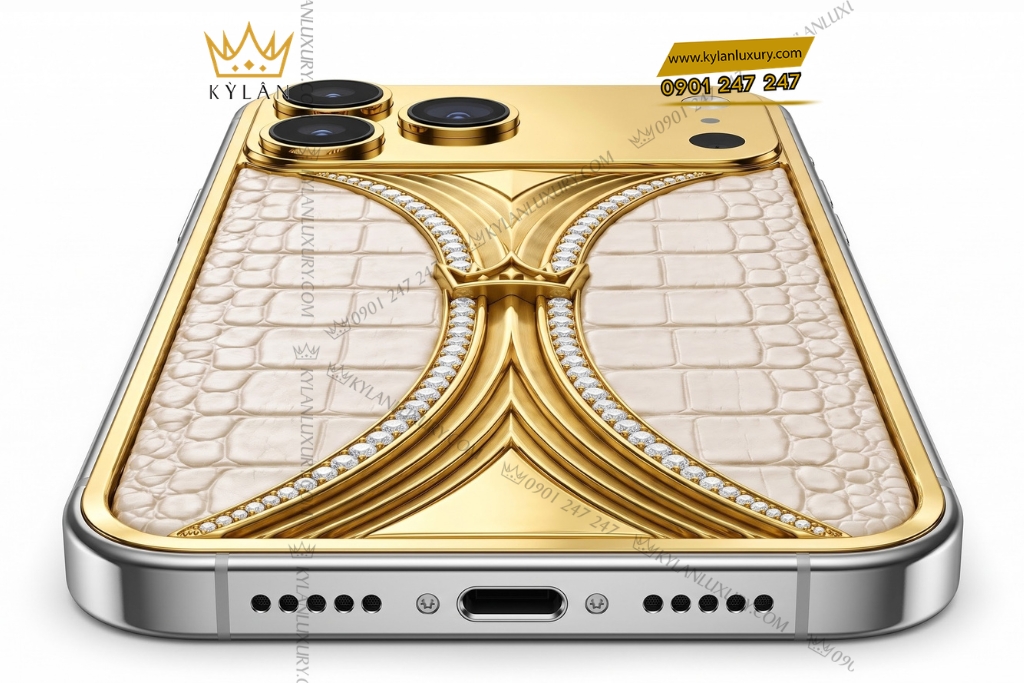 Điện thoại iPhone 18 Pro Max custom vàng Au750 đính kim cương và da cá sấu