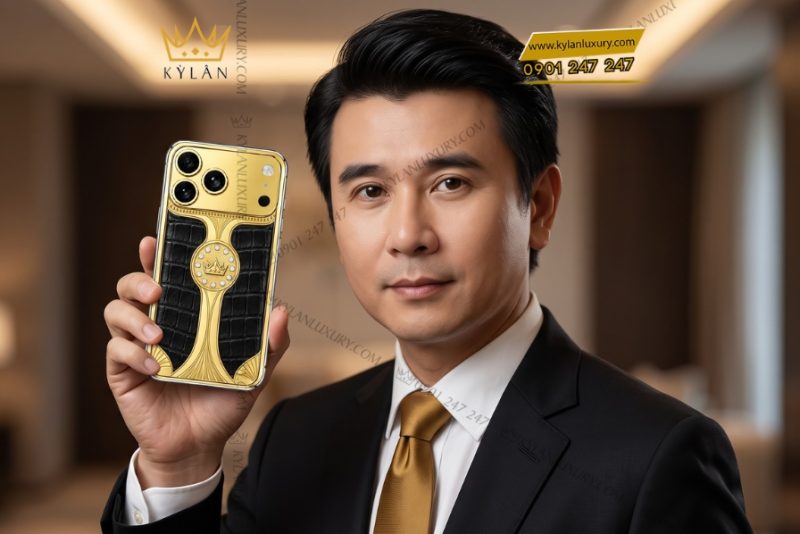 Điện thoại iPhone 18 Pro Max custom vàng Au750 đính kim cương và da cá sấu