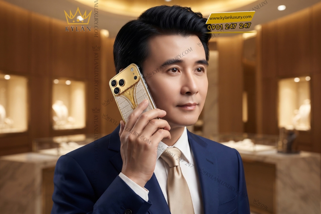 Điện thoại iPhone 18 Pro Max custom vàng Au750 đính kim cương và da cá sấu