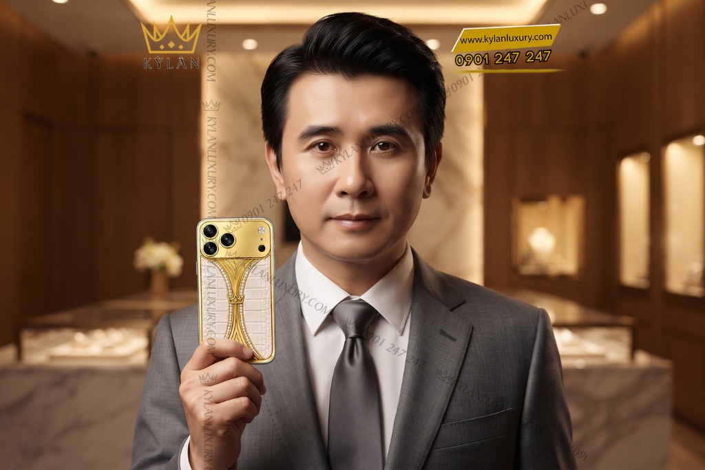 Điện thoại iPhone 18 Pro Max custom vàng Au750 đính kim cương và da cá sấu
