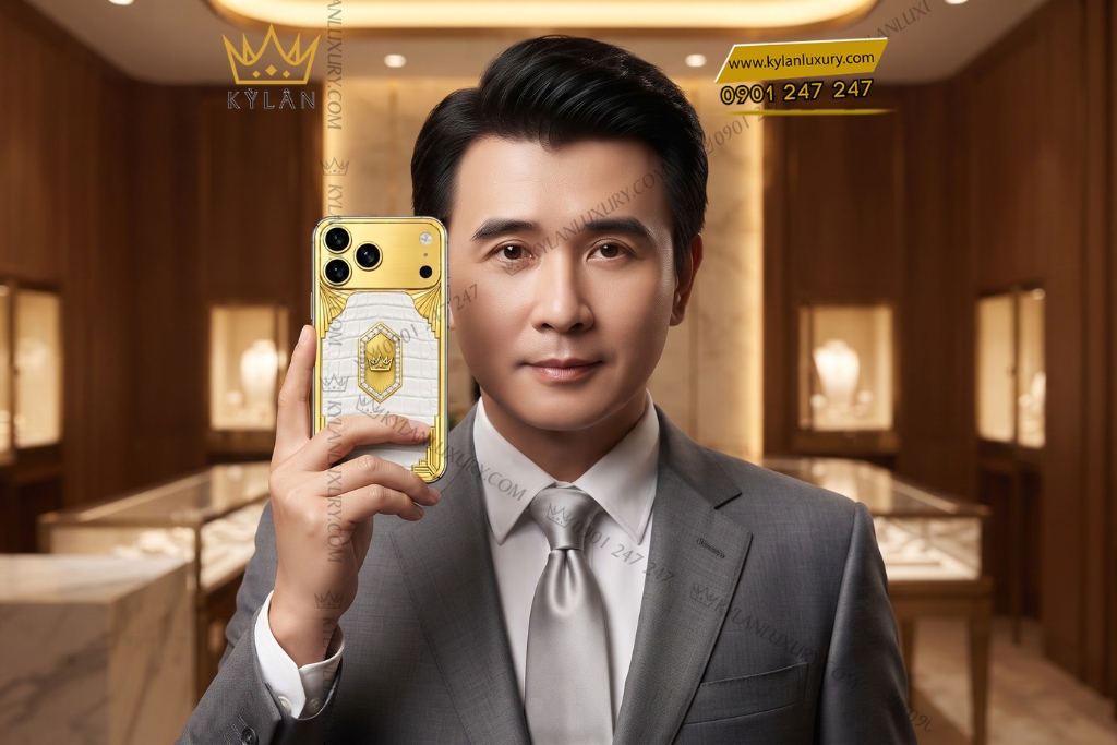 Điện thoại iPhone 18 Pro Max custom vàng Au750 đính kim cương và da cá sấu