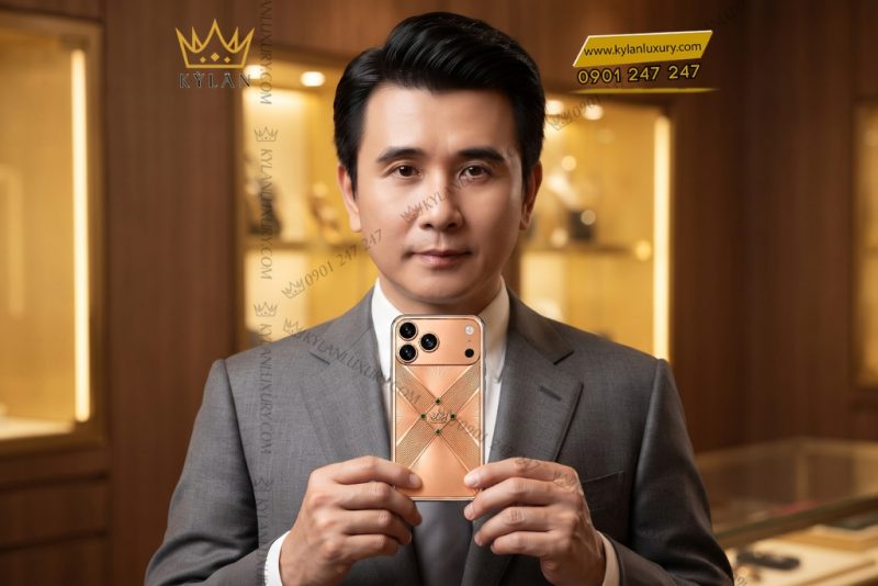 Điện thoại iPhone 18 Pro Max custom vàng hồng Au750 đính 4 viên sapphire xanh