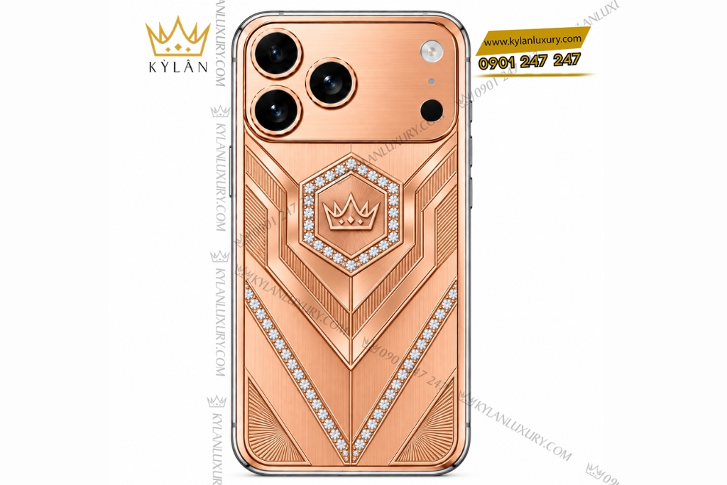 Kỳ Lân Luxury Dien thoai iPhone 18 Pro Max custom vang hong Au750 dinh kim cuong 1 Điện thoại iPhone 18 Pro Max custom vàng hồng Au750 đính kim cương